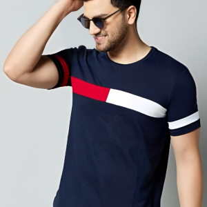 Men’s 100% Cotton T-Shirt Navy Blue, Red & White Striped