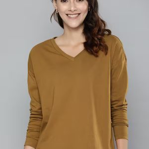Women Brown V-Neck Pure Cotton T-Shirt Price in Bangladesh