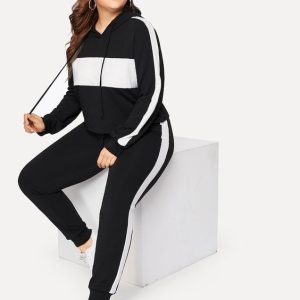 Plus Two Tone Drawstring Hoodie With Pants