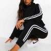 Women Black Colour Tracksuit With double white colour thin stripe