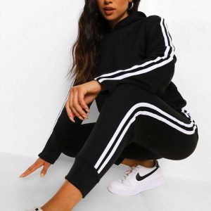 Women Black Colour Tracksuit With double white colour thin stripe
